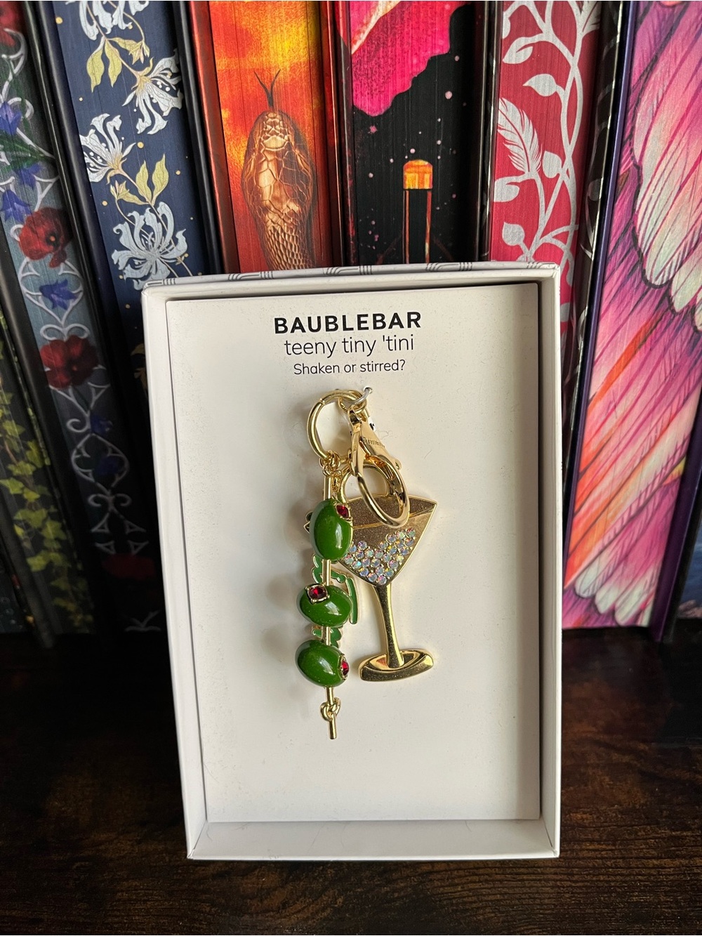 BaubleBar Gold Martini Charm with Green Olive Dangles